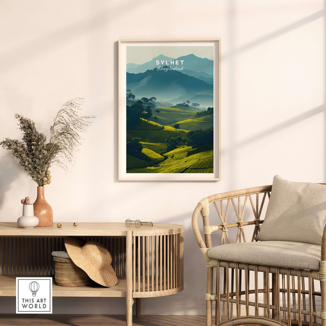 Sylhet Bangladesh tea plantations poster print on wall, showcasing misty mountains and lush greenery in serene interior decor.
