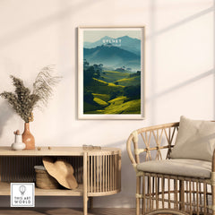Sylhet Bangladesh Poster Tea Plantations Print - Misty Mountains Wall Art framed in a stylish living room setting.