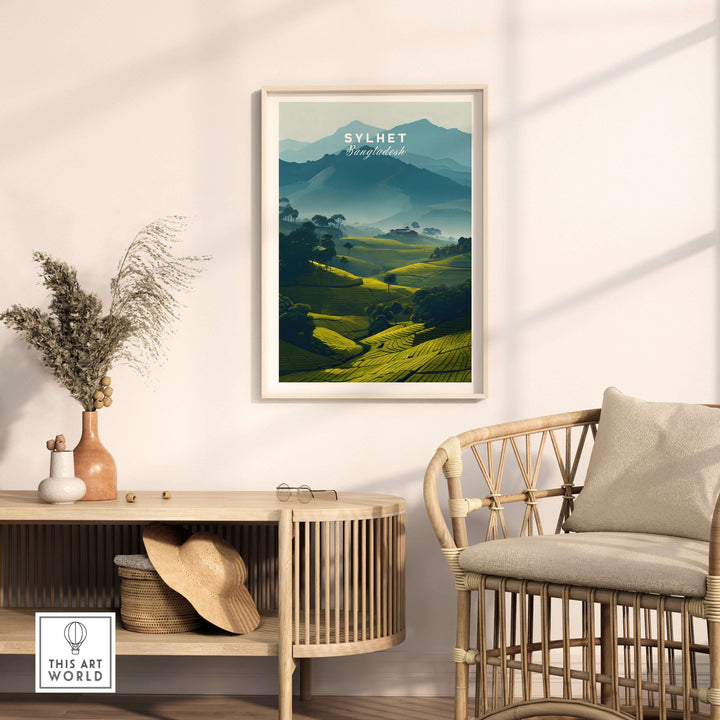 Sylhet Bangladesh tea plantations poster print on wall, showcasing misty mountains and lush greenery in serene interior decor.