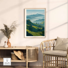 Sylhet Bangladesh Tea Fields Print - Serene Hillside Landscape Poster displayed in an elegant room with natural decor.