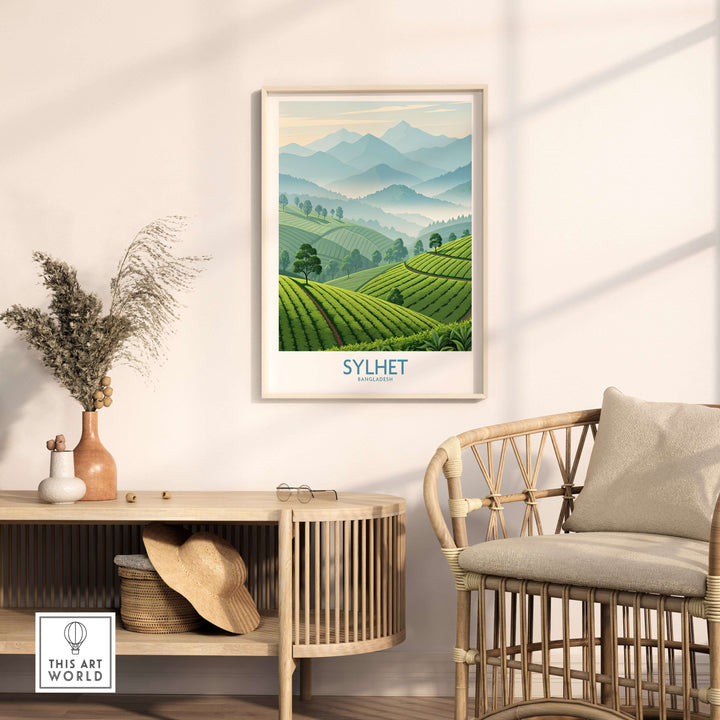 Sylhet Bangladesh wall art showcasing lush green hills and serene mountains in a stylish home interior.