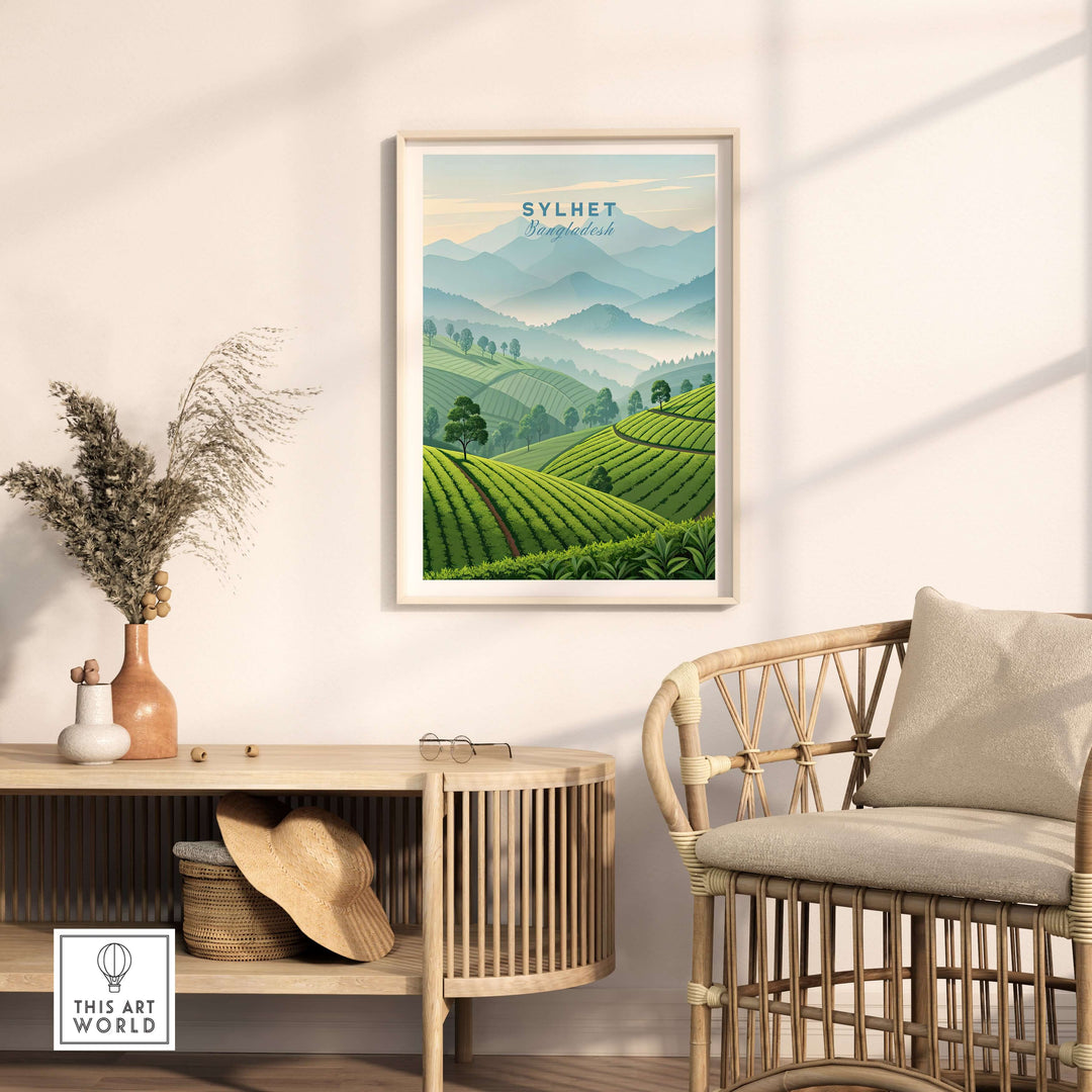 Sylhet wall art poster showcasing Bangladesh tea estates with lush green fields and mountains in a cozy interior setting.