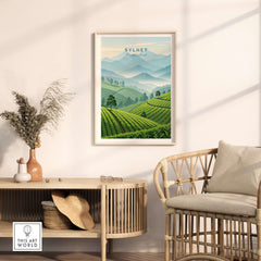 Sylhet Wall Art Bangladesh Tea Estates Mountain Panorama Poster - Lush Green Fields Print in modern living room setup.