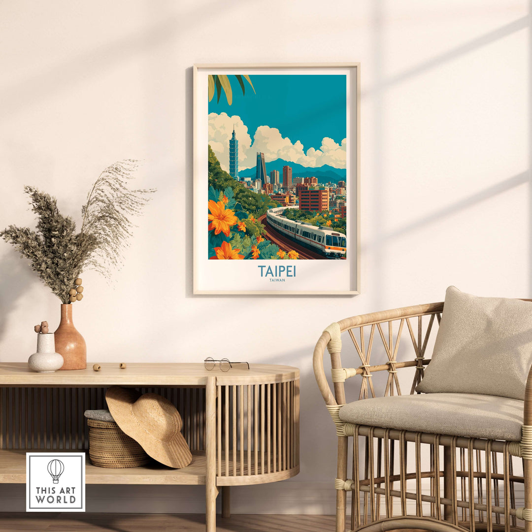 Taipei 101 poster in a stylish living room, showcasing the vibrant skyline and urban scenery of Taipei, Taiwan.