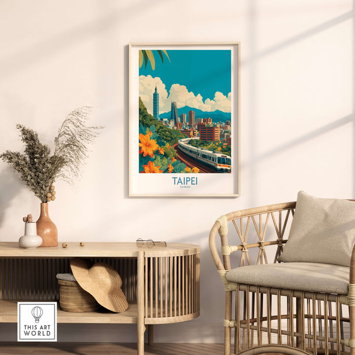 Taipei 101 poster in a stylish living room, showcasing the vibrant skyline and urban scenery of Taipei, Taiwan.
