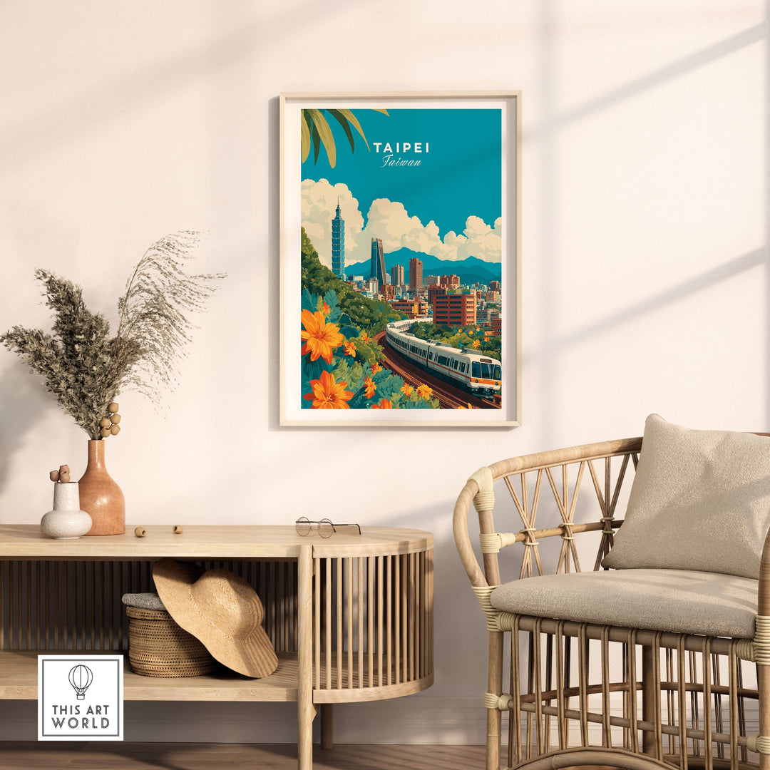 Taipei city skyline print with MRT train in vibrant colors, urban landscape wall art for home decor.
