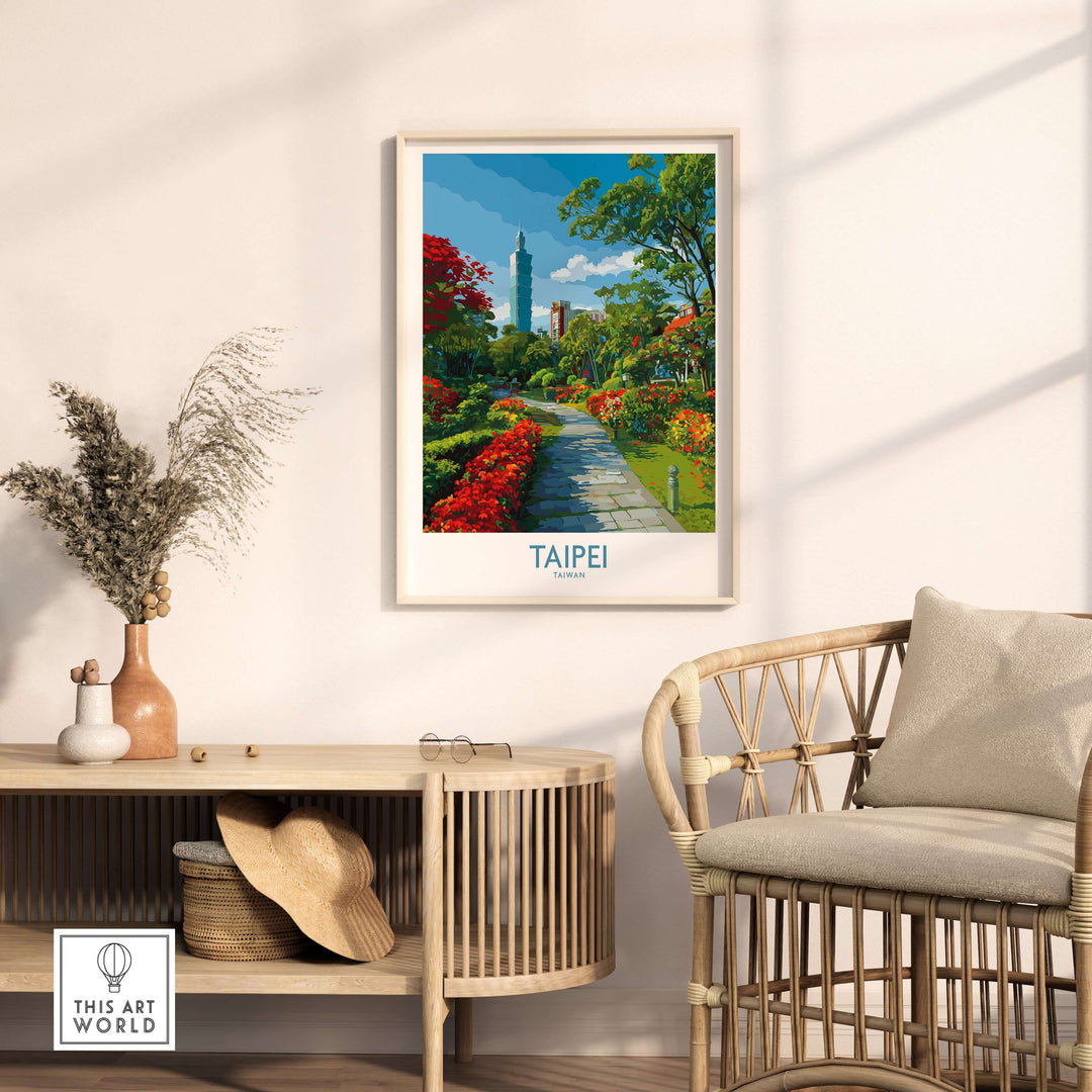 Taipei 101 Park View print in vibrant decor showcasing lush greenery and the iconic Taipei skyline.