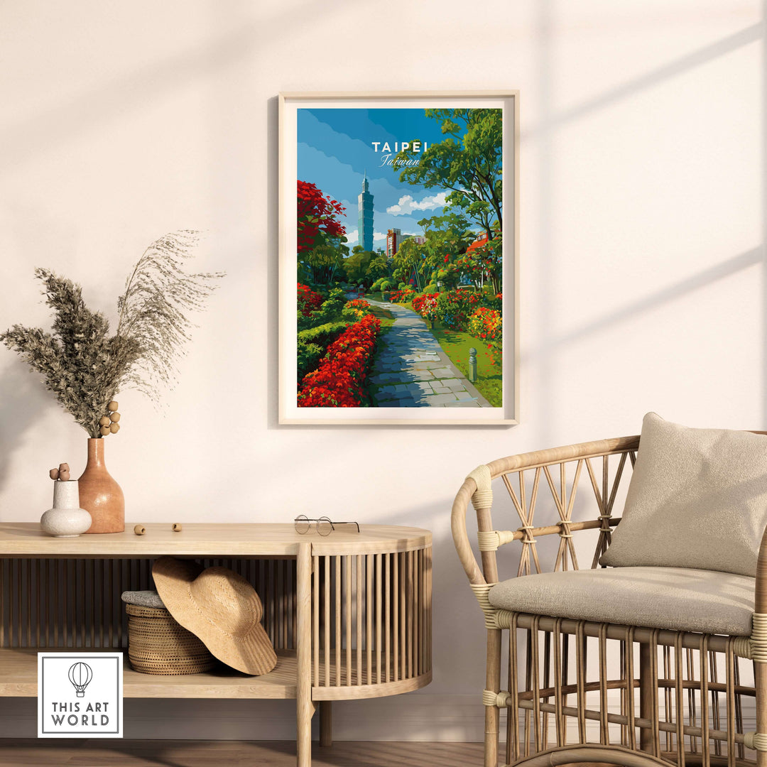 Taipei poster featuring a serene botanical garden pathway with vibrant flowers, ideal wall art for nature lovers.