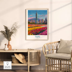 Taipei Taiwan Poster - Modern Urban Travel Print featuring vibrant city skyline and colorful flowers.