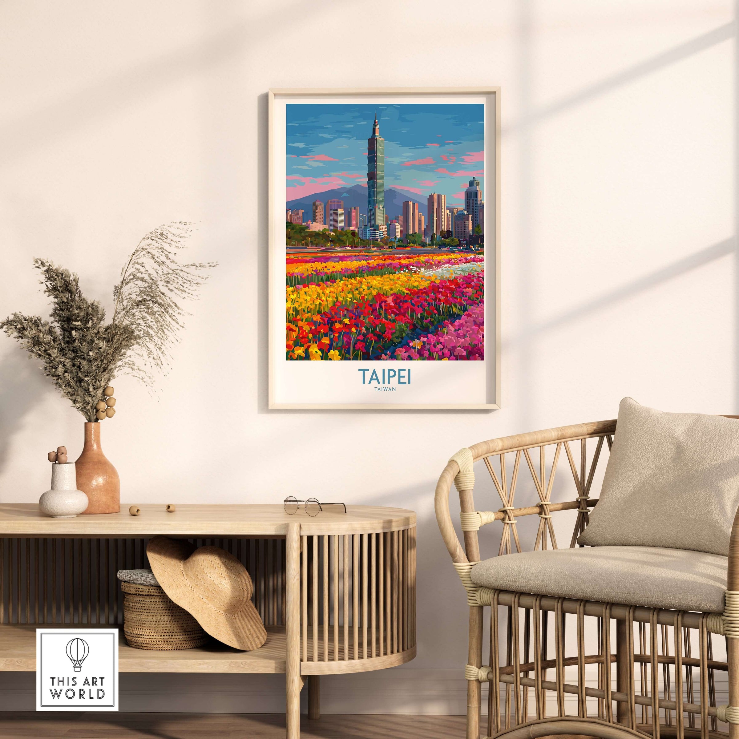 Taipei Taiwan Poster - Modern Urban Travel Print featuring vibrant city skyline and colorful flowers.