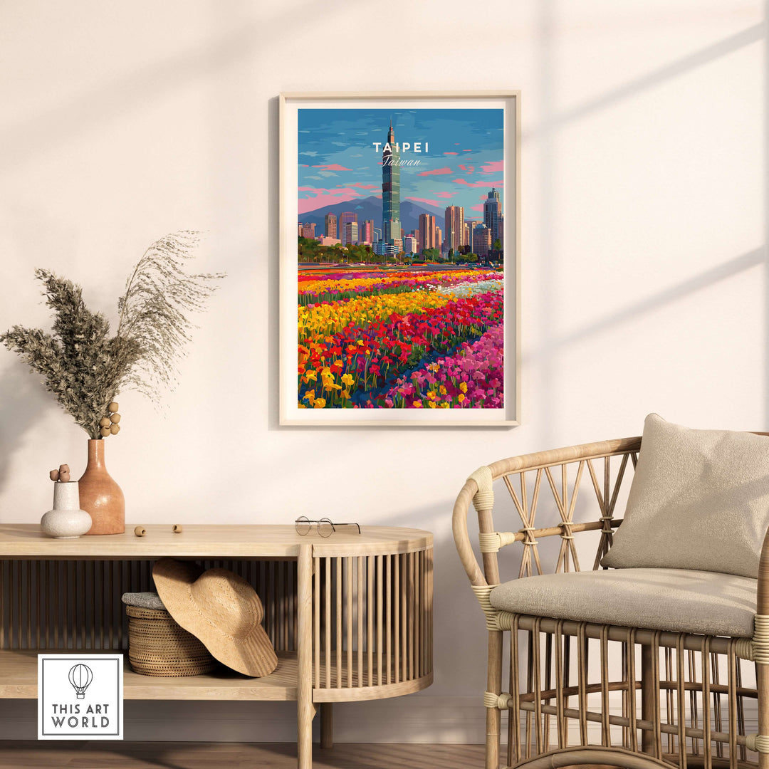 Taipei Cityscape Print featuring Taipei 101 with vibrant flowers in foreground, ideal wall art for home decor.