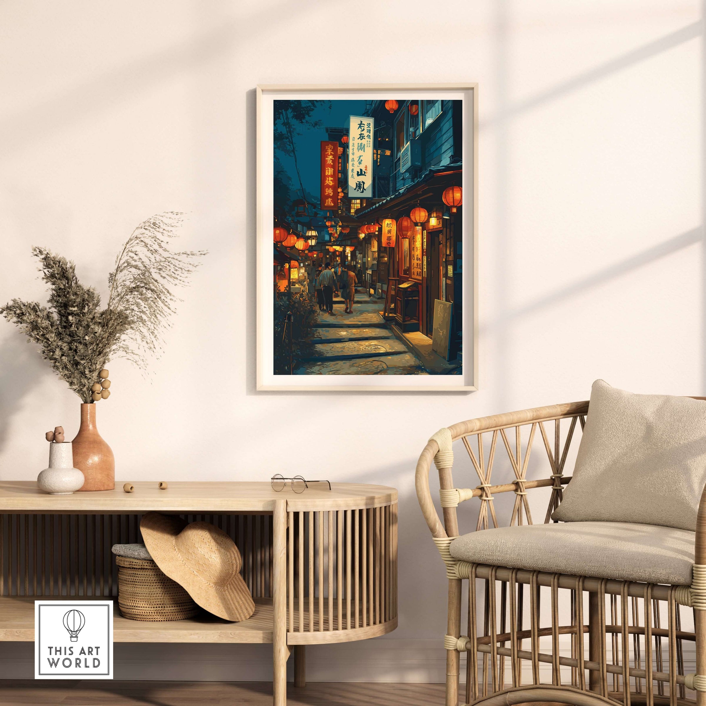 Taipei Taiwan Print Lantern Alley Night Scene - Traditional Street Wall Art displayed in a cozy interior setting.