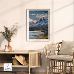 Tierra del Fuego Print | Ushuaia Travel Wall Art displayed in a stylish living room setting, showcasing dramatic landscapes.