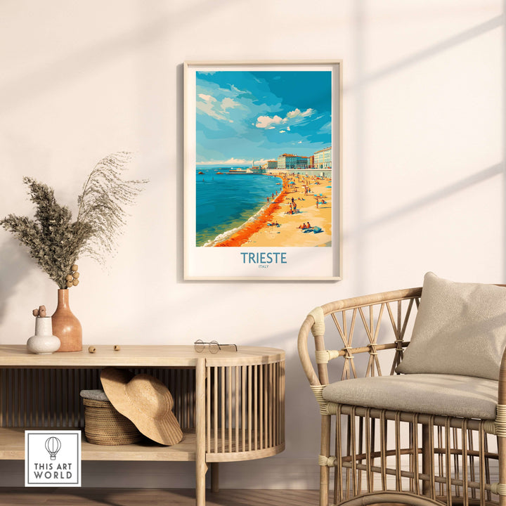 Trieste Italy poster showcasing the beach and coastal beauty, ideal for travel and art enthusiasts.
