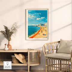 Trieste Italy Print - Adriatic Coast Wall Art featuring a beach scene in a stylish interior setting.