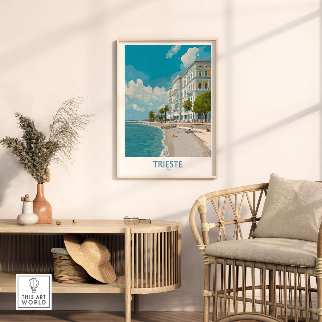 Trieste print poster displayed in a stylish living room showcasing Italy's seafront beauty and inviting atmosphere.