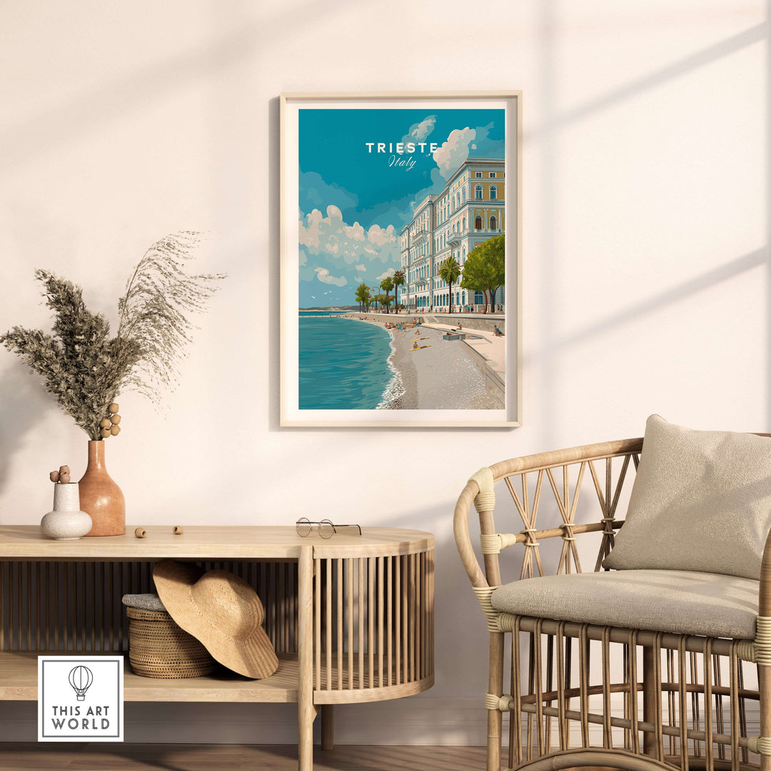 Trieste Italy beach scene wall art poster in a stylish living room setting with coastal decor.