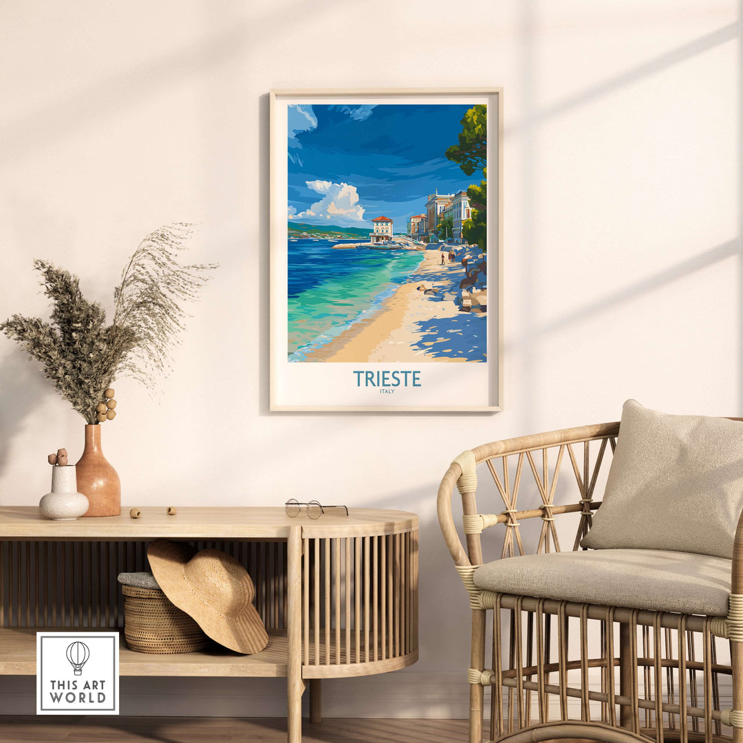 Trieste Italy beach poster in a stylish room, showcasing the serene Mediterranean coastline and relaxed atmosphere.