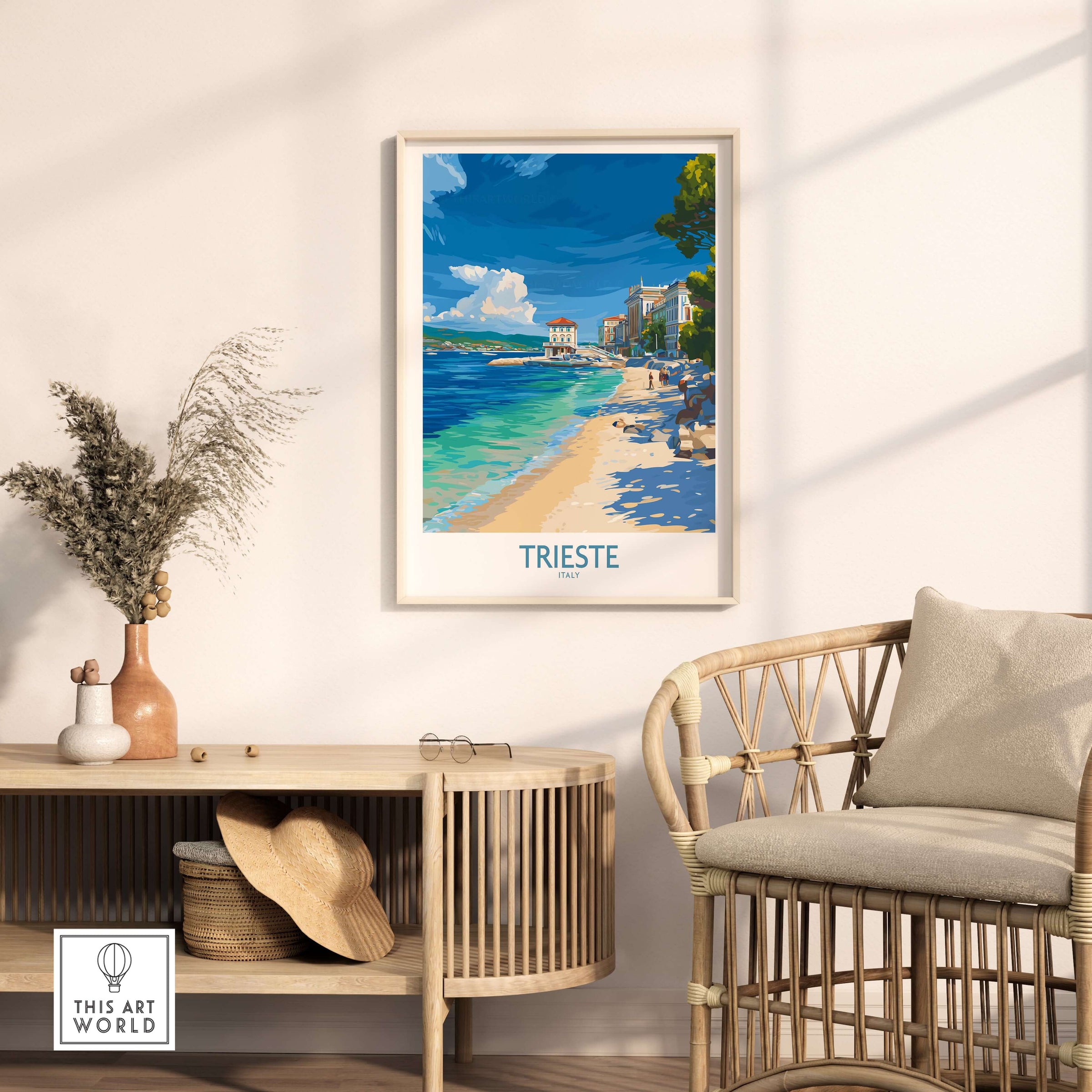 Trieste Italy Beach Poster - Mediterranean Travel Print displayed in a stylish home interior.