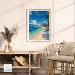 Trieste Italy Beach Print - Italian Riviera Wall Art in a stylish living room setting.