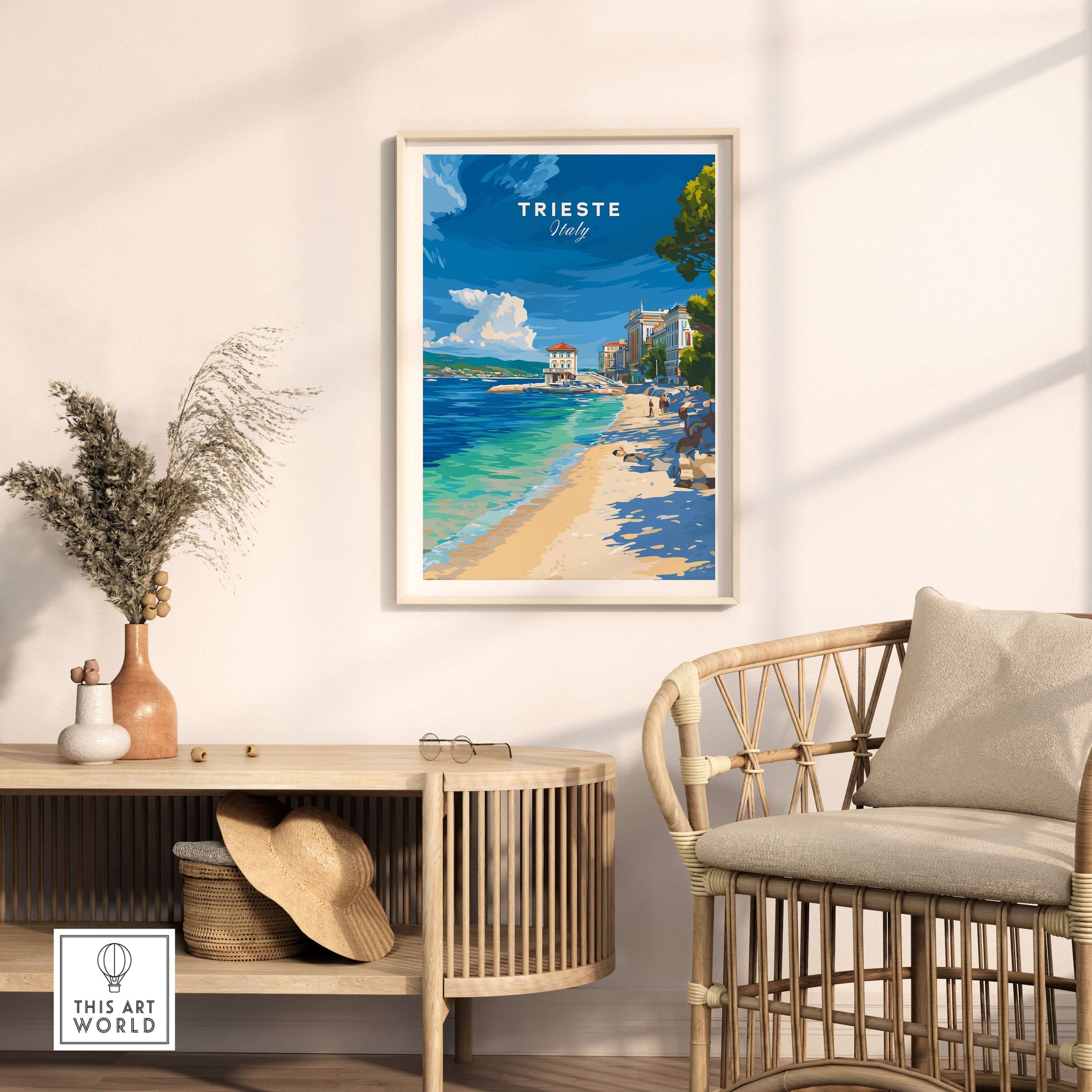 Trieste Italy Beach Print - Italian Riviera Wall Art in a stylish living room setting.