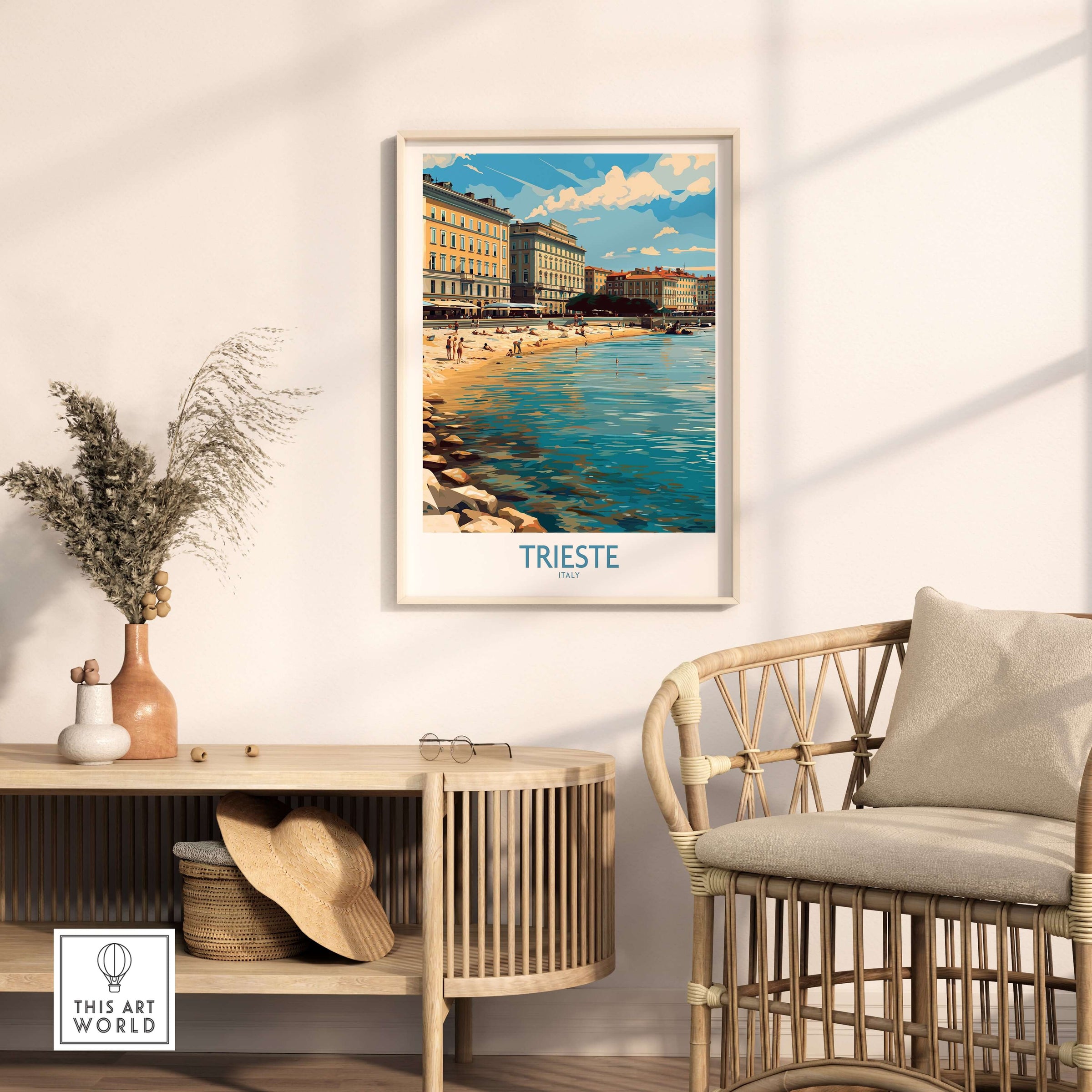 Trieste Italy Wall Art - Italian Travel Poster displayed in a stylish living room setting.