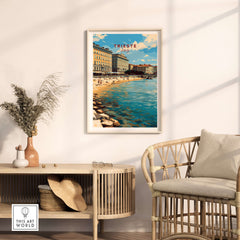 Trieste Poster Italy Travel Print featuring the coastal city of Trieste in a stylish interior setting.