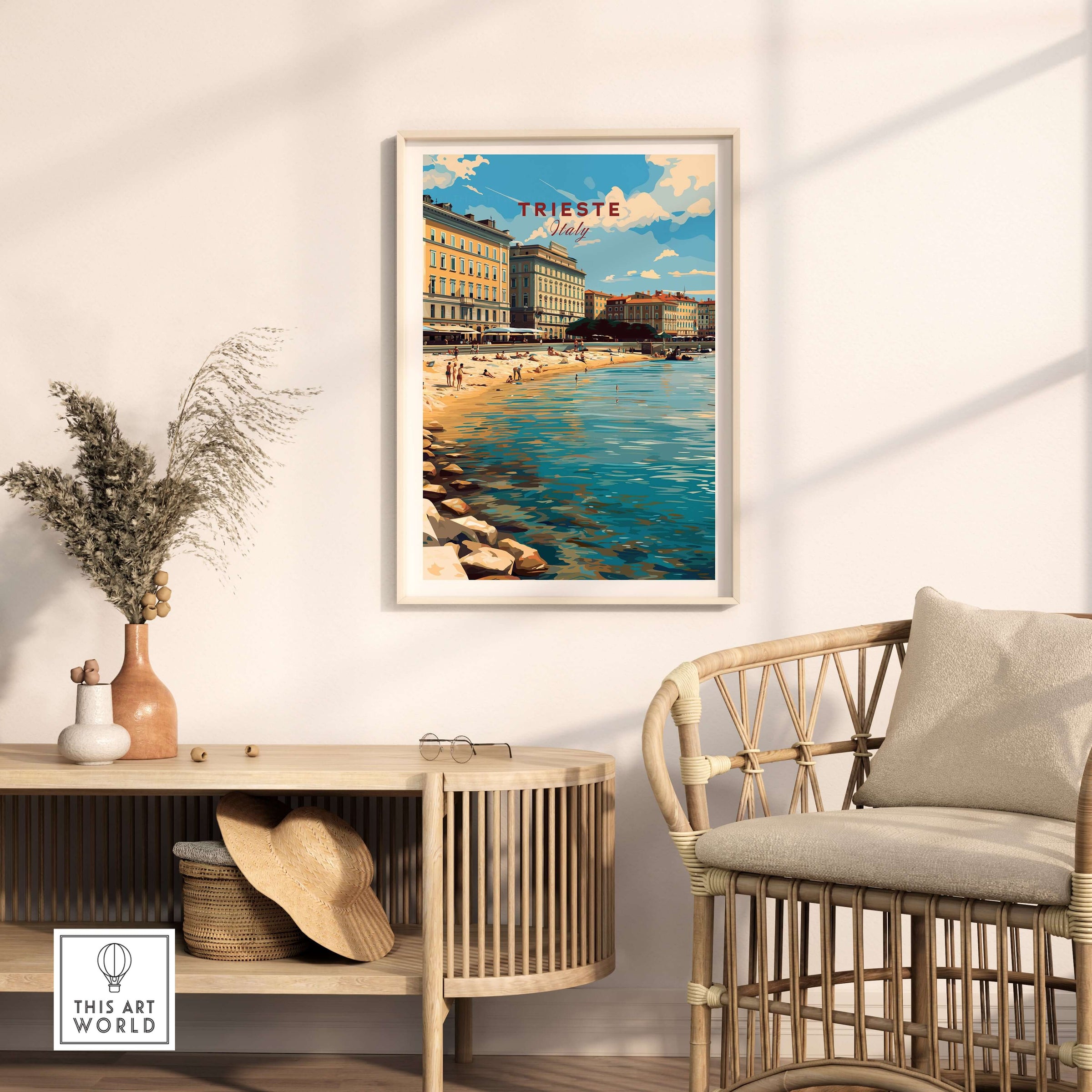 Trieste Poster Italy Travel Print featuring the coastal city of Trieste in a stylish interior setting.