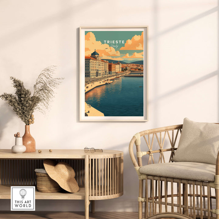 Trieste Italy print featuring coastal views and historic buildings, displayed in a stylish interior setting.