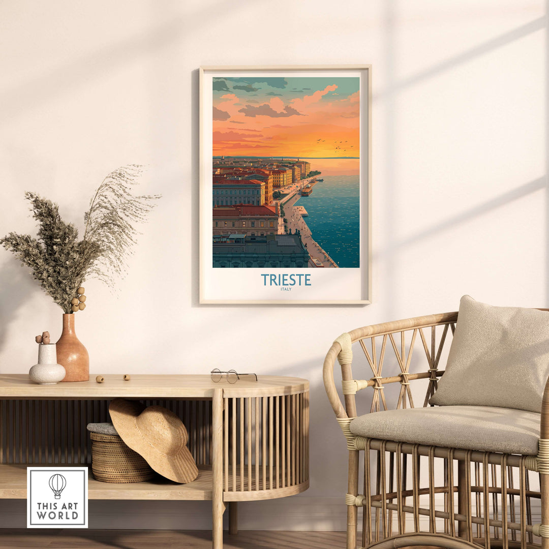 Trieste Italy wall art showing a serene waterfront at dusk, perfect for bringing Mediterranean charm to your space.