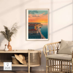 Trieste Italy Coastal Sunset Skyline Poster - Adriatic Seascape Print displayed in a cozy interior setting.