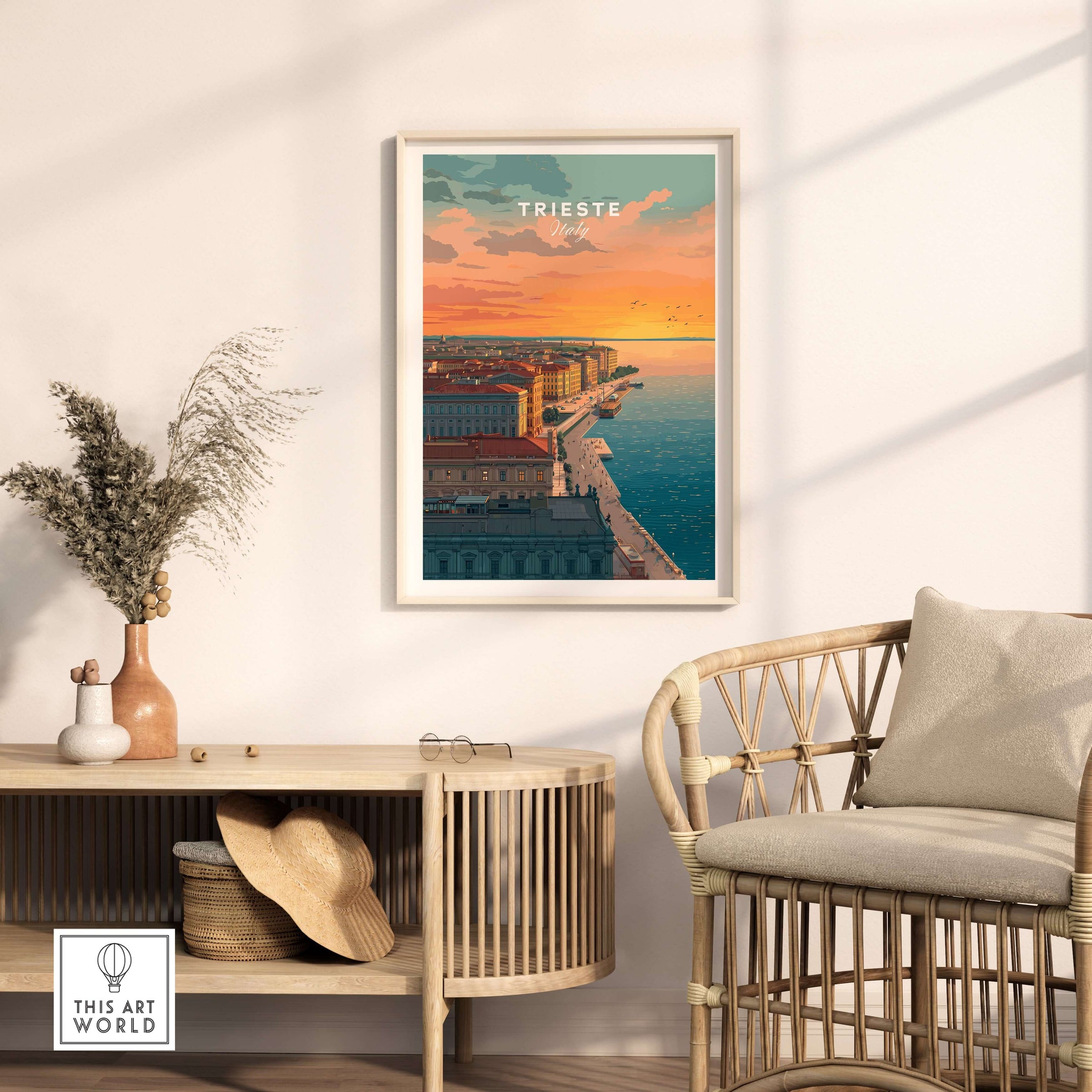 Trieste Italy Coastal Sunset Skyline Poster - Adriatic Seascape Print displayed in a cozy interior setting.