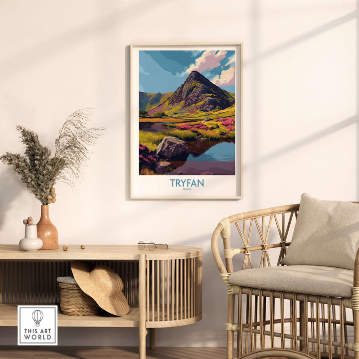 Tryfan poster featuring vibrant heather fields and rugged peaks in a stylish living room decor setting.