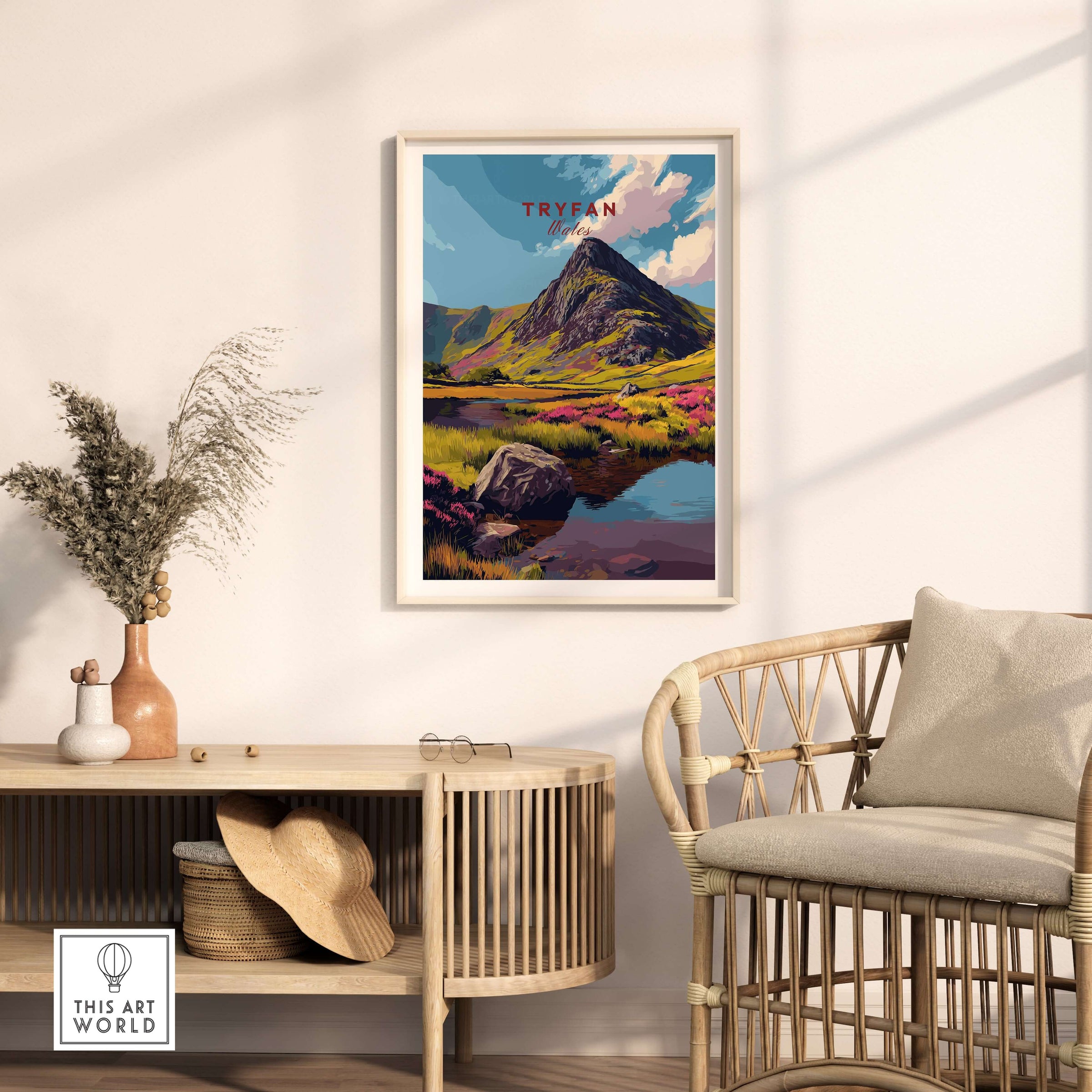 Tryfan Wales Mountain Landscape Print - Snowdonia Valley Wall Art displayed in a modern interior with a cozy seating area.