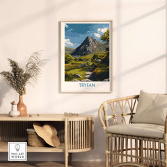 Tryfan Wall Art Wales Hiking Trail - Snowdonia National Park Decor in a cozy living room setting.