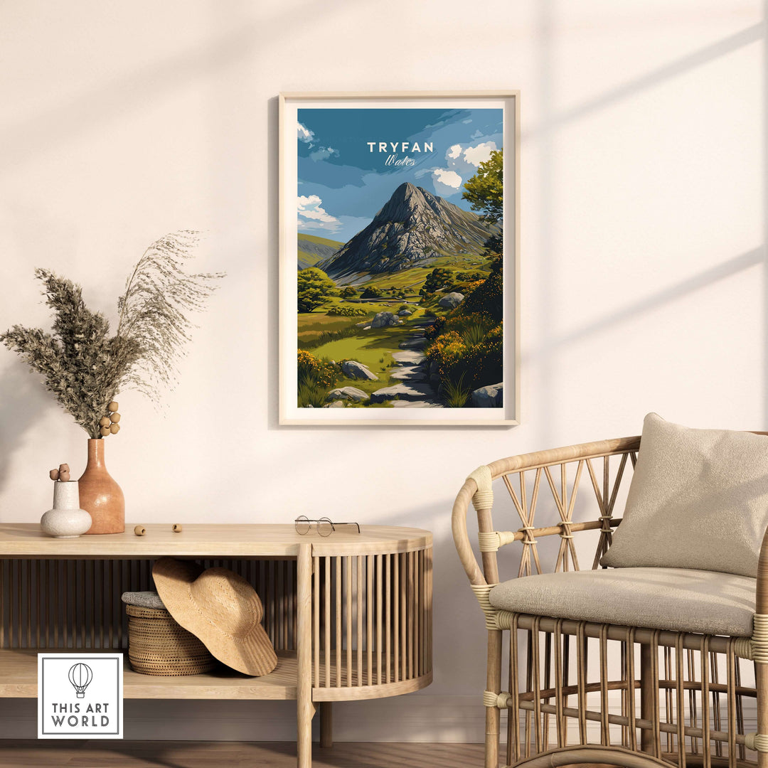 Framed Tryfan poster showcasing scenic Welsh Highlands with rugged mountains in a stylish living room setting.