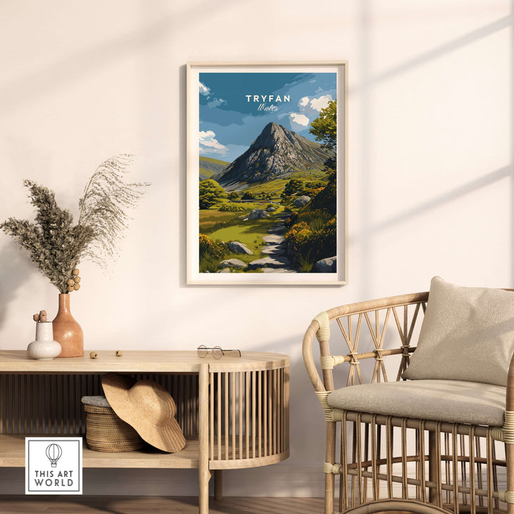 Framed Tryfan poster showcasing scenic Welsh Highlands with rugged mountains in a stylish living room setting.