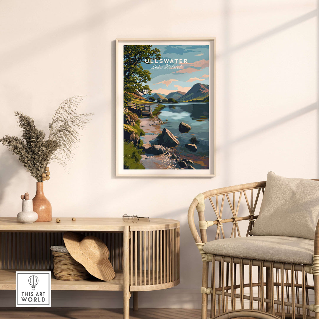 Ullswater Lake District print featuring a serene lakeside path and stone wall, perfect for home decor.