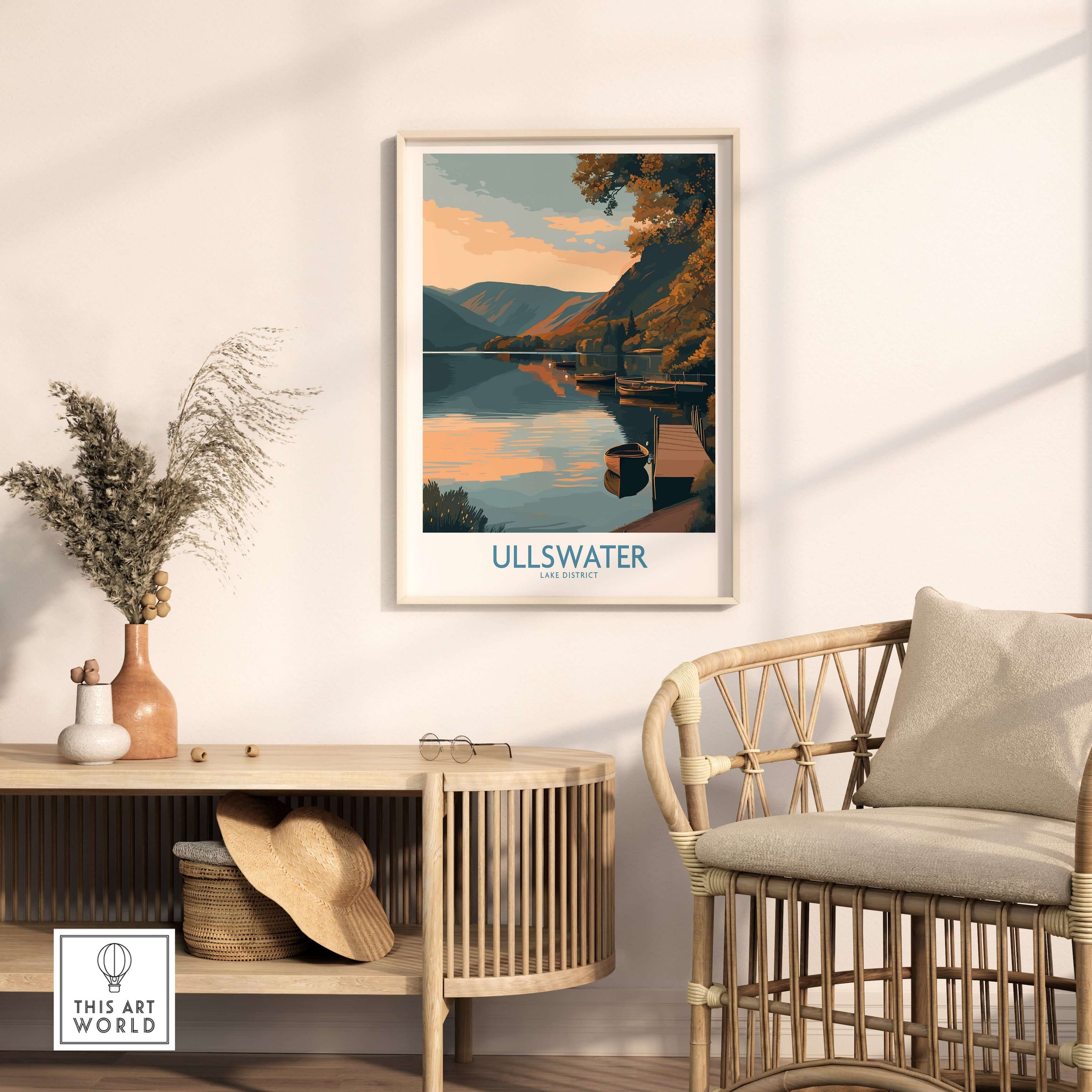 Ullswater Lake District Boat Moorings Wall Art - English Countryside Decor displayed in a modern interior setting.