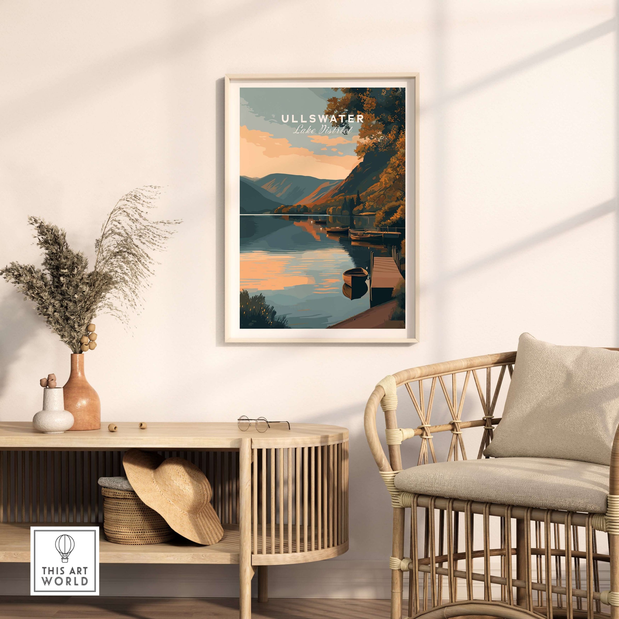 Ullswater Lake District Lakeside Boats Poster - Tranquil Dock Scene Print enhances a calm interior with serene lakeside view.