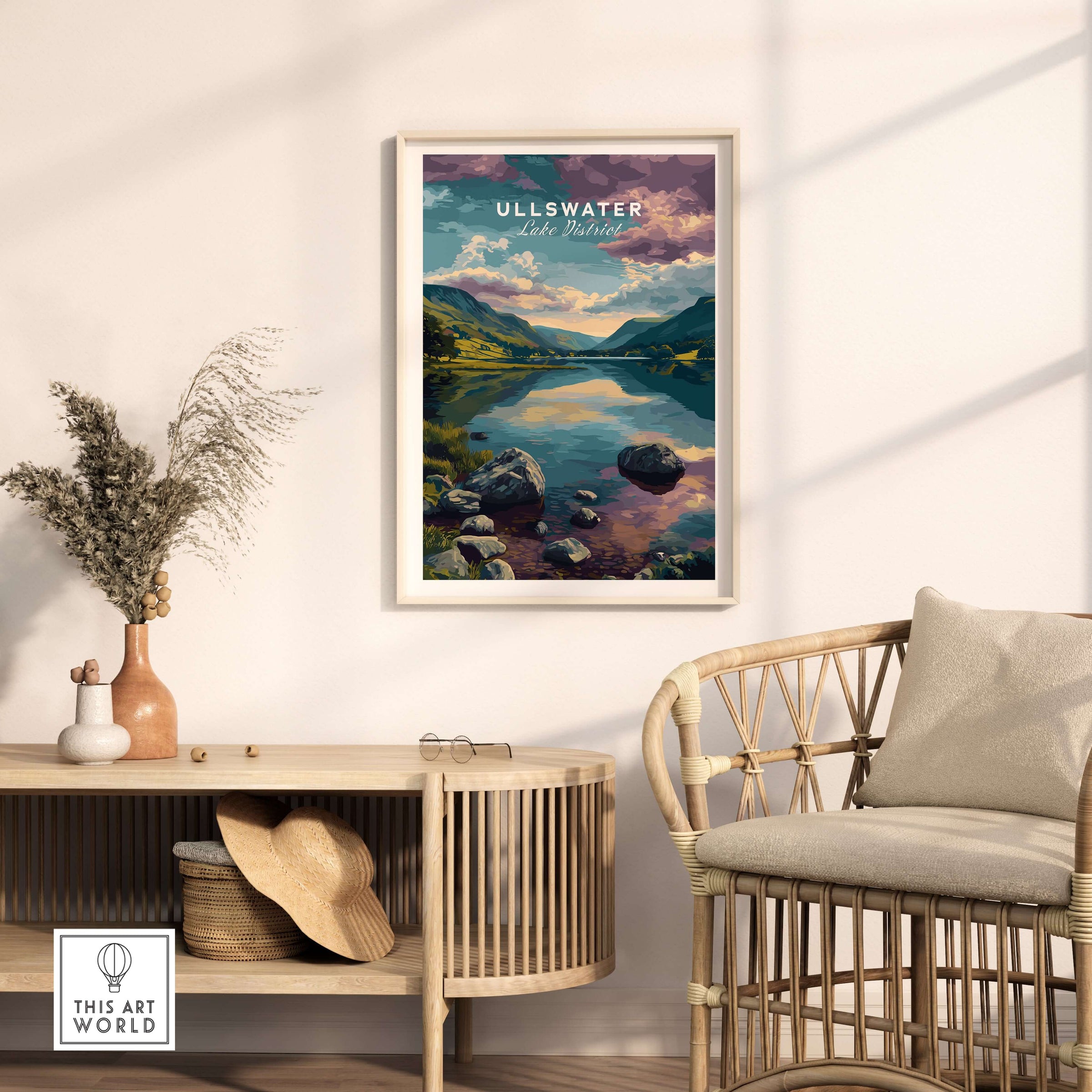 Ullswater Lake District Mountain View Reflection Print - Serene Lake Wall Art displayed in a stylish interior setting.