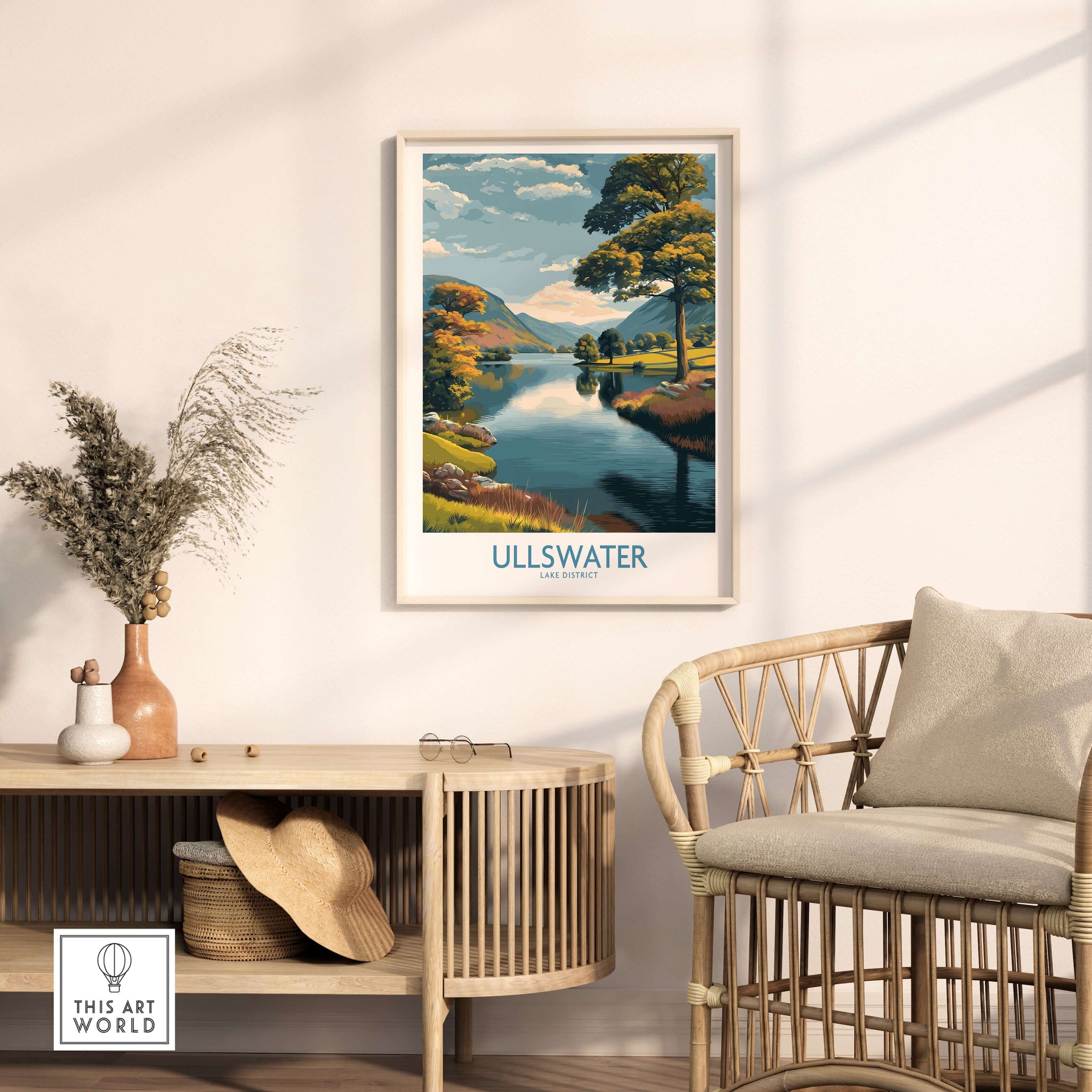 Ullswater Lake District Autumn Trees Landscape Wall Art - UK Lake District Decor displayed in a modern interior.