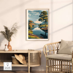 Ullswater Lake District Green Trees Lakeside Print - English Countryside Poster framed on a wall in a cozy living space.