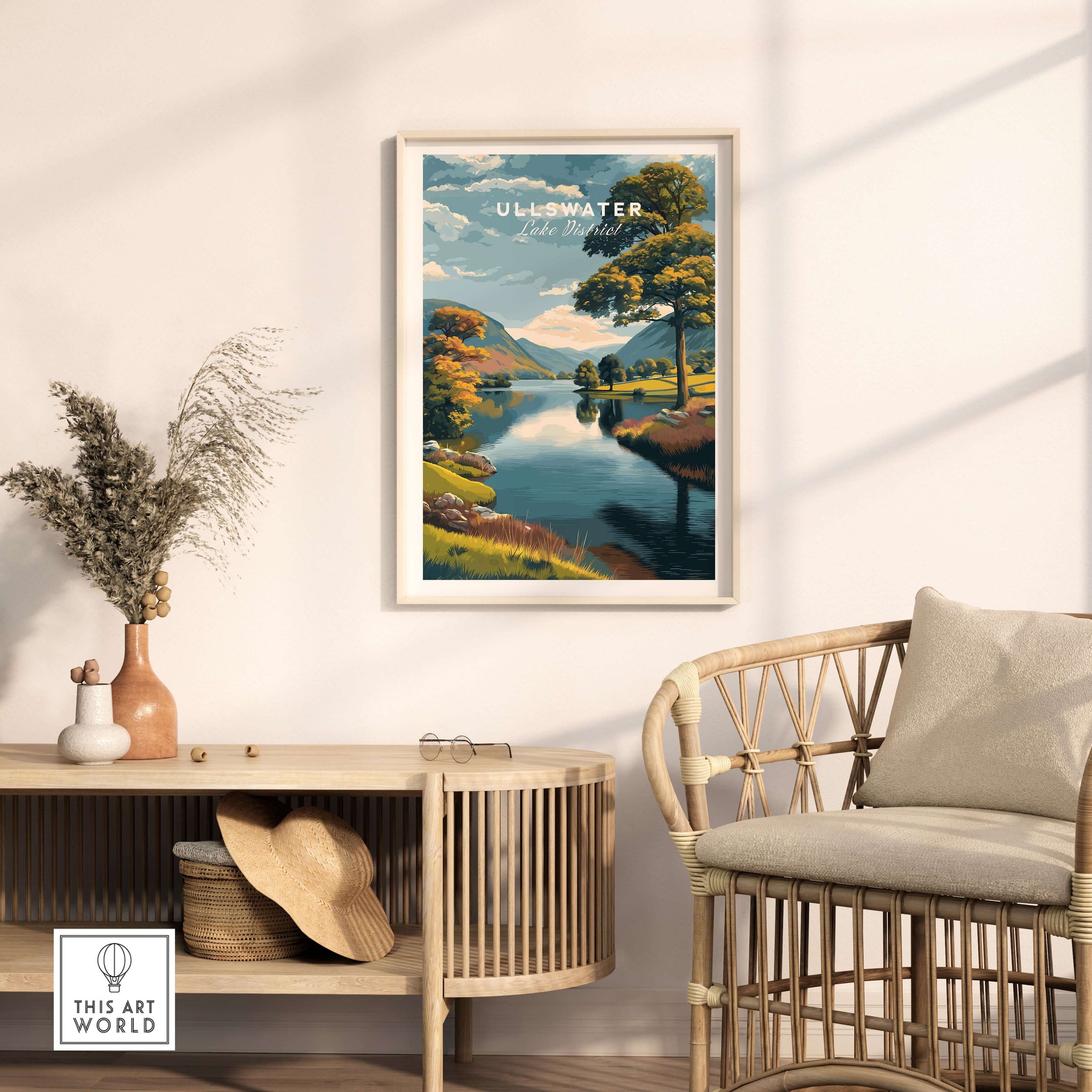 Ullswater Lake District Green Trees Lakeside Print - English Countryside Poster framed on a wall in a cozy living space.