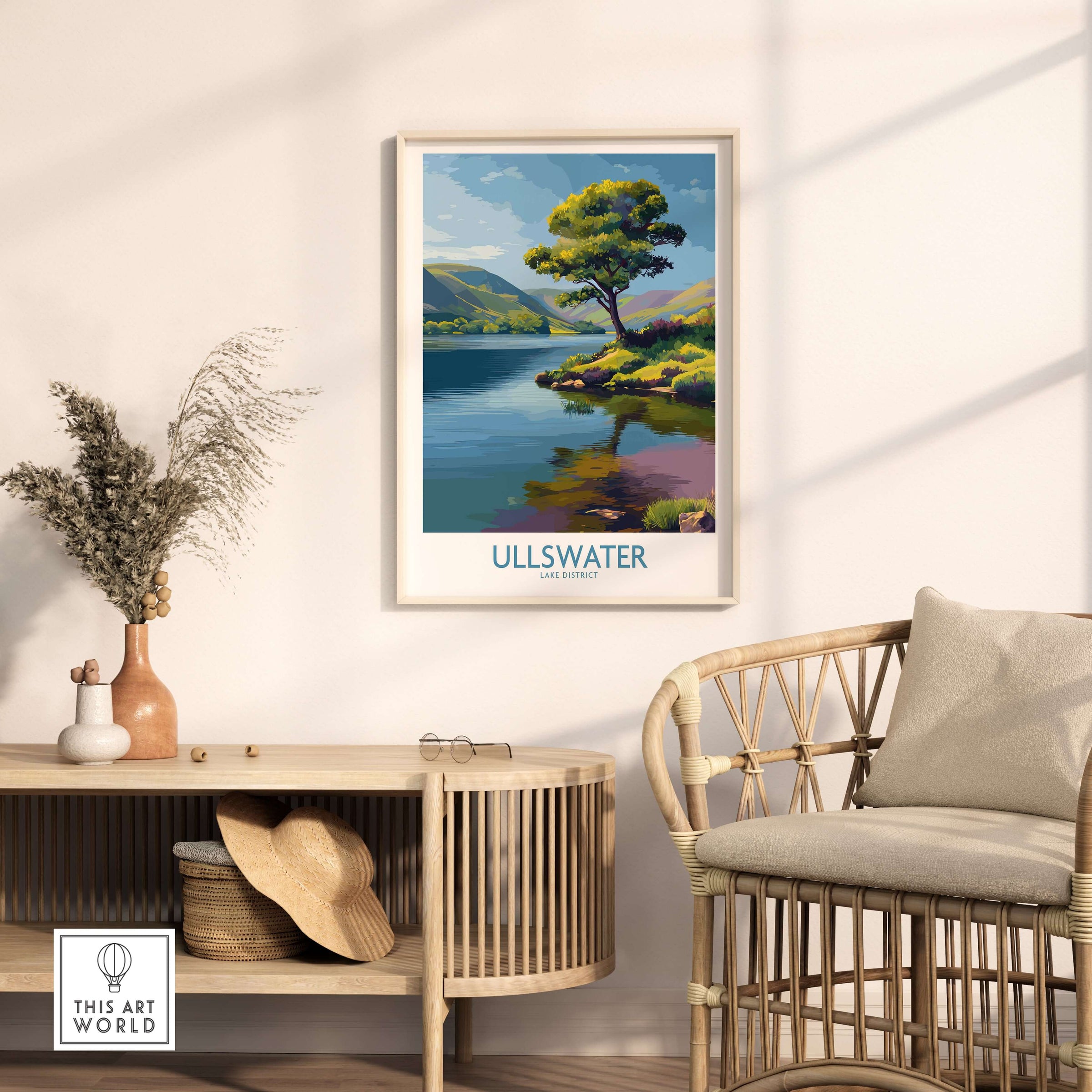 Ullswater Lake District Green Hillside Poster - Scenic UK Travel Decor displayed in a cozy living space.