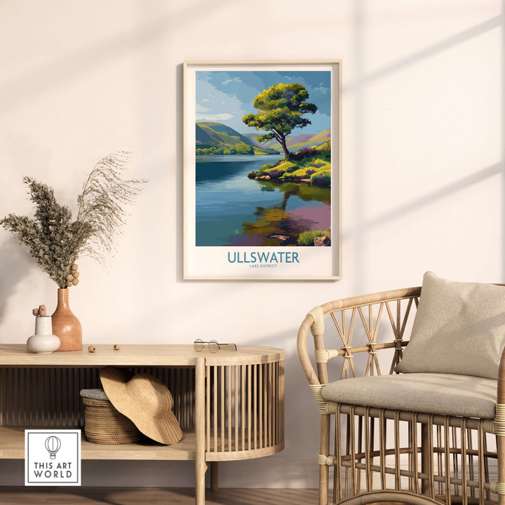 Ullswater Lake District poster featuring serene landscape and green hills, perfect for UK travel decor.