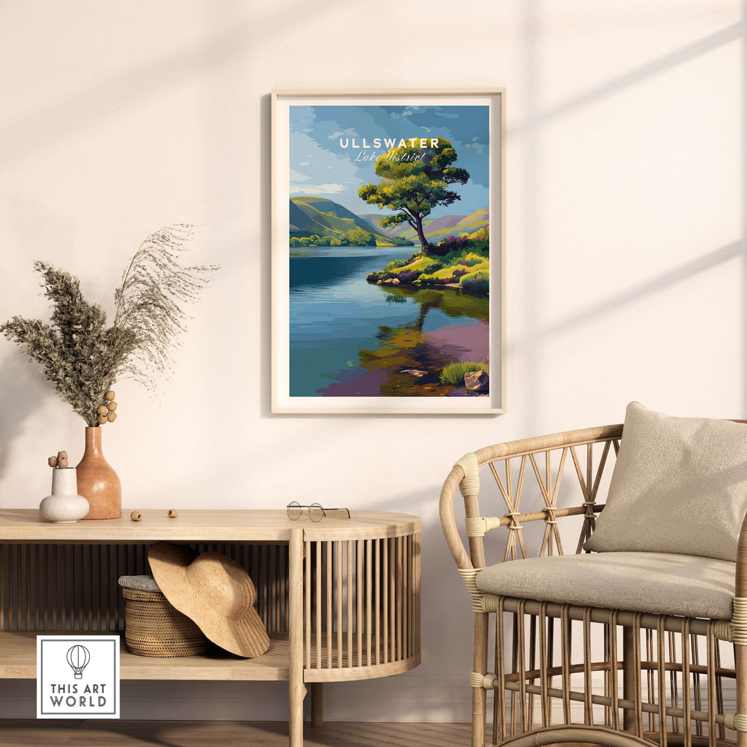 Ullswater Lake District Solitary Tree Print showcasing a tranquil lakeside reflection in a cozy home setting.