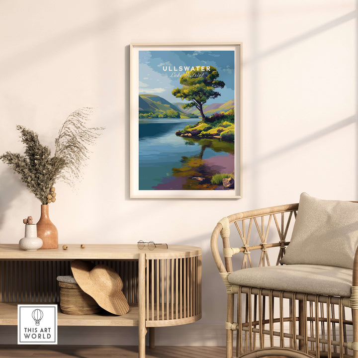 Ullswater Lake District Solitary Tree Print showcasing a tranquil lakeside reflection in a cozy home setting.