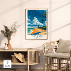 Vero Beach Sunny Coastal Landscape Print - Florida Travel Decor showcased in a modern living space with rattan furniture.