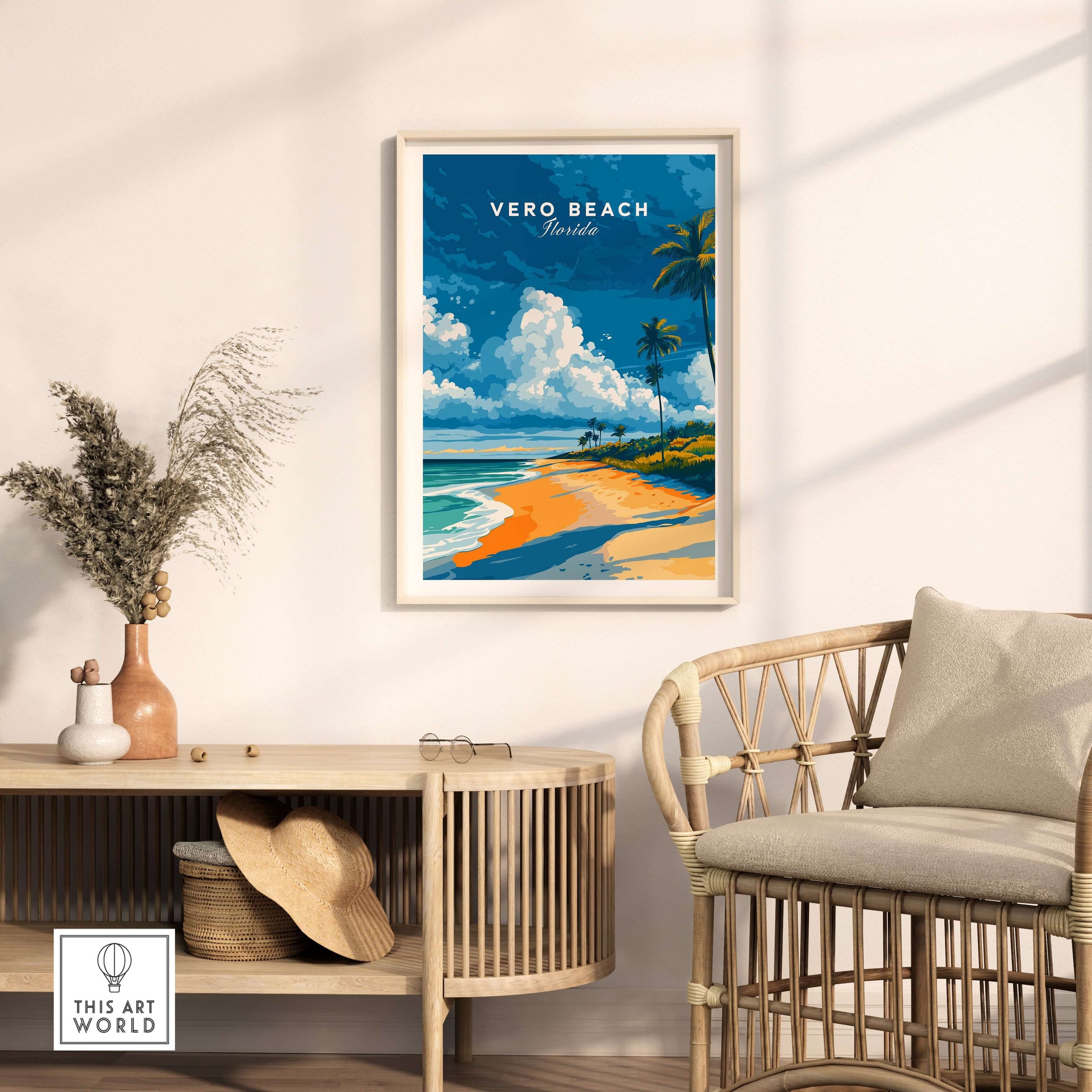 Vero Beach Florida Palm Tree Beach Poster - Tropical Seascape Wall Art displayed in a cozy living room setting.